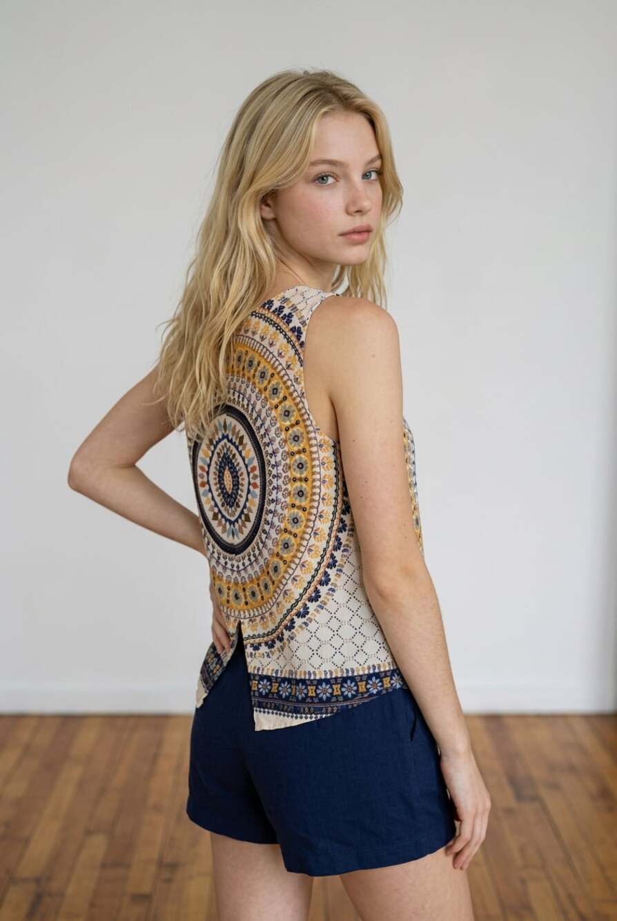 Renee C. Sleeveless Mandala Print Split Back Top
